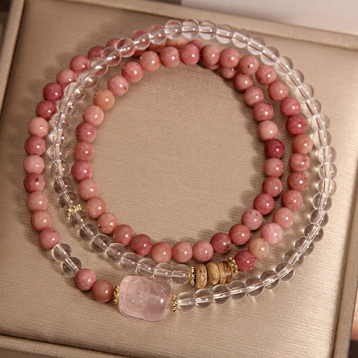 Buddha Stones Rhodonite Clear Quartz Rose Quartz PiXiu Triple Wrap Bracelet - image 3