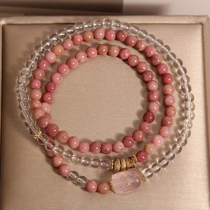 Buddha Stones Rhodonite Clear Quartz Rose Quartz PiXiu Triple Wrap Bracelet - image 4