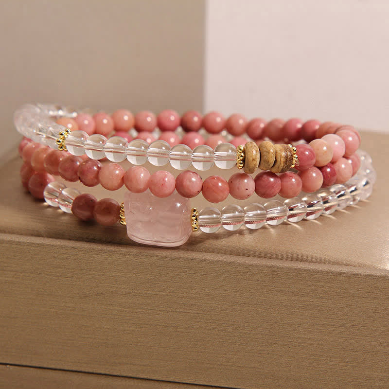 Buddha Stones Rhodonite Clear Quartz Rose Quartz PiXiu Triple Wrap Bracelet - image 1
