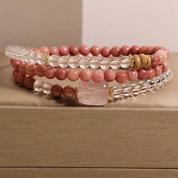 Buddha Stones Rhodonite Clear Quartz Rose Quartz PiXiu Triple Wrap Bracelet - Rhodonite(Wrist Circumference:17–18 cm) - image 0