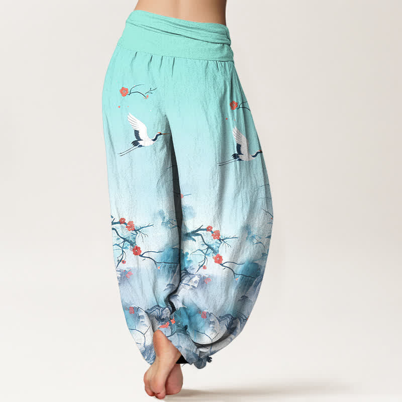 Buddha Stones Pure Cotton Blue Ombre Crane Blossom Pattern Women's Elastic Waist Harem Pants - image 6