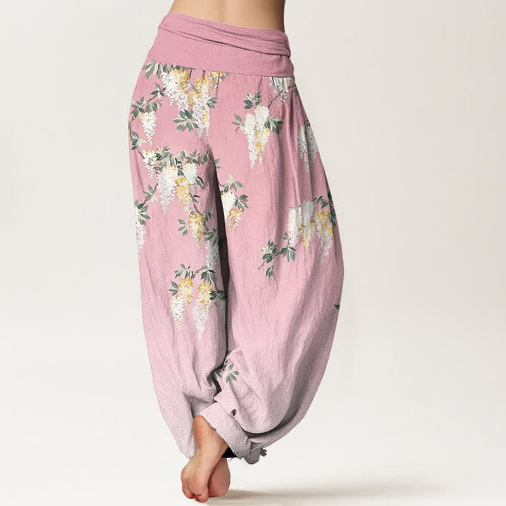 Buddha Stones Pure Cotton White Yellow Blossom Cluster Pattern Women's Elastic Waist Harem Pants - image 6