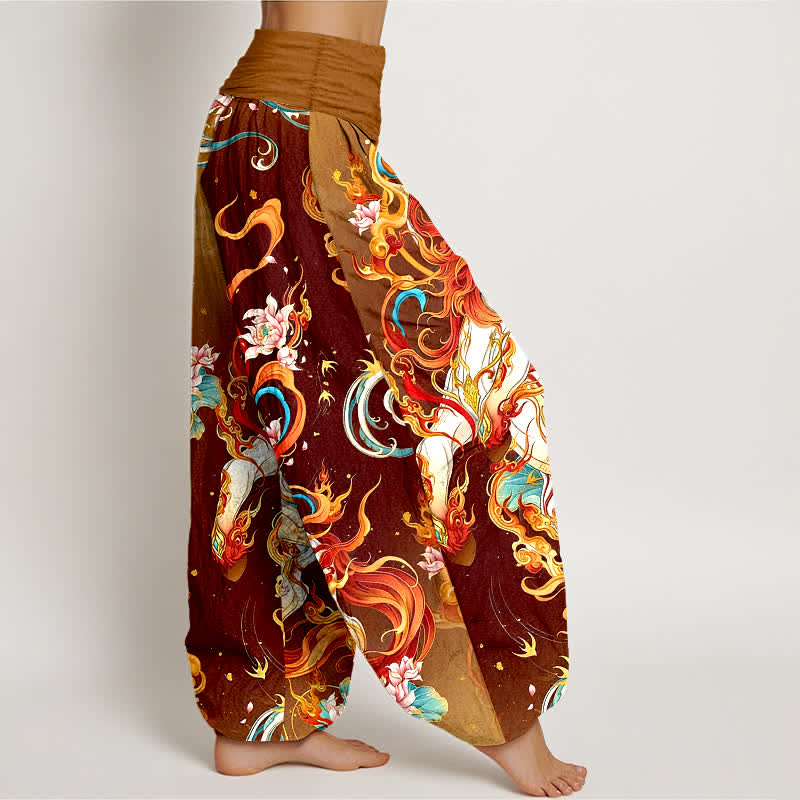 Buddha Stones Pure Cotton Mythical Phoenix Flame Pattern Women's Elastic Waist Harem Pants - image 10