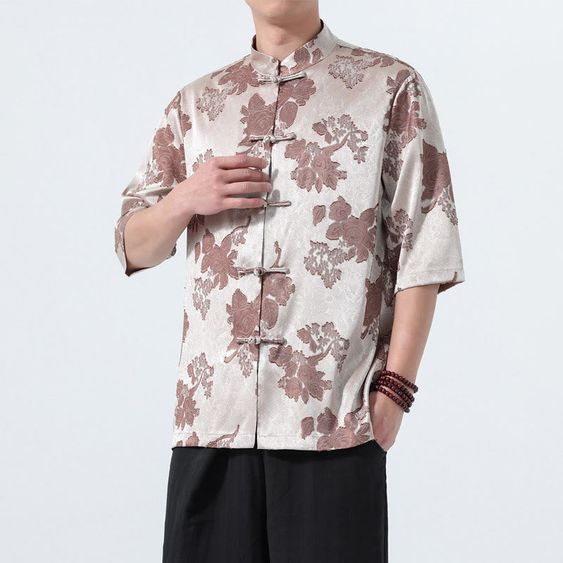 Buddha Stones Summer Tang Style Mandarin Collar Frog Button Floral Jacquard Men's Elbow-Length Sleeve Shirt - Silver - US/UK/AU46，EU56 (5XL) - image 0