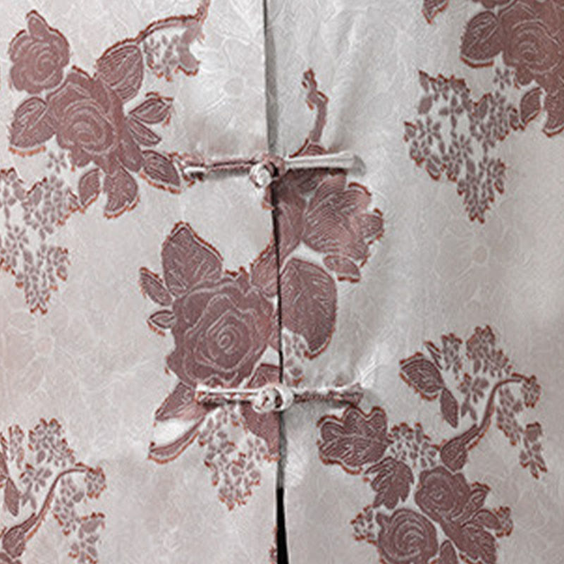 Buddha Stones Summer Tang Style Mandarin Collar Frog Button Floral Jacquard Men's Elbow-Length Sleeve Shirt - image 9