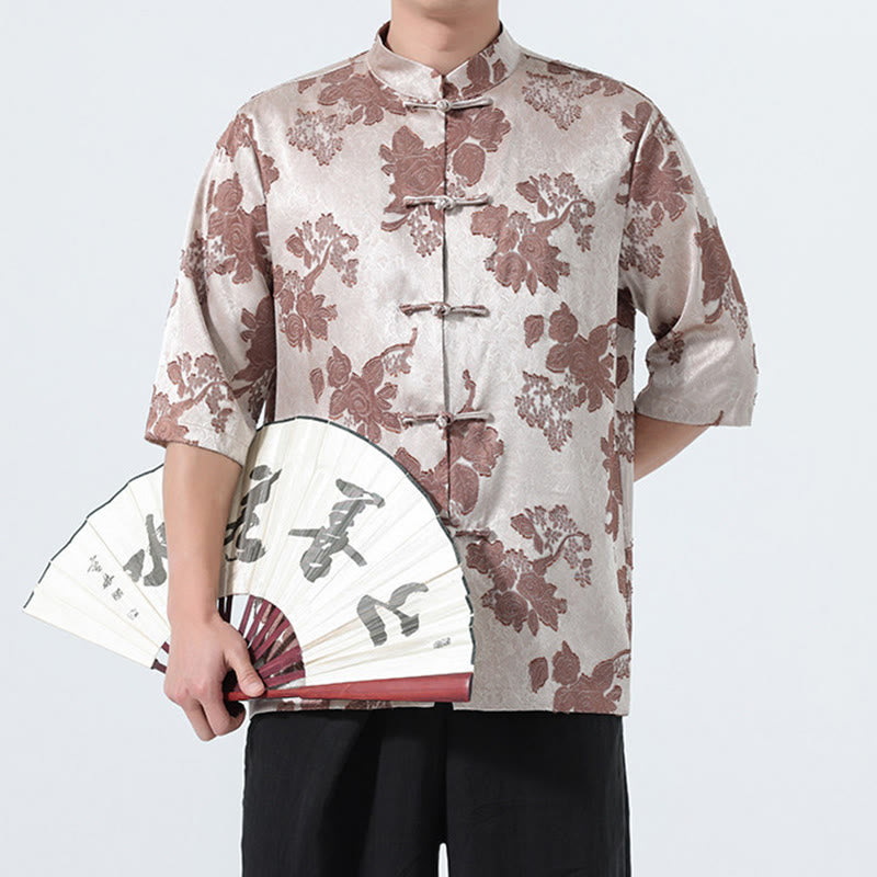 Buddha Stones Summer Tang Style Mandarin Collar Frog Button Floral Jacquard Men's Elbow-Length Sleeve Shirt - image 1