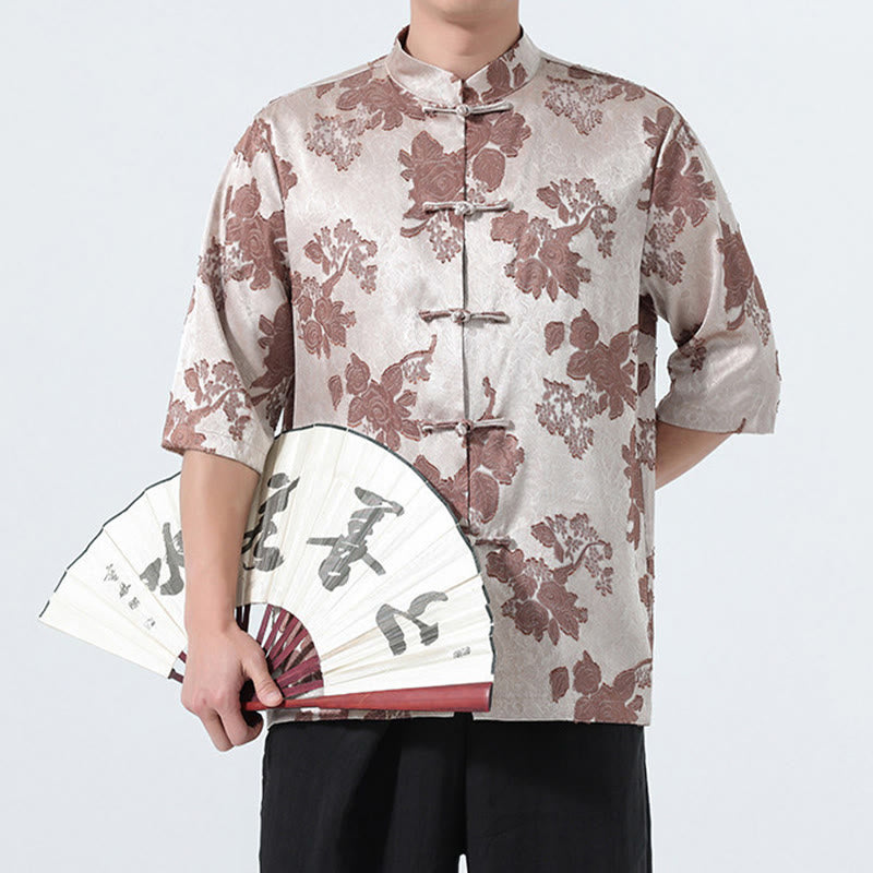 Buddha Stones Summer Tang Style Mandarin Collar Frog Button Floral Jacquard Men's Elbow-Length Sleeve Shirt - image 2