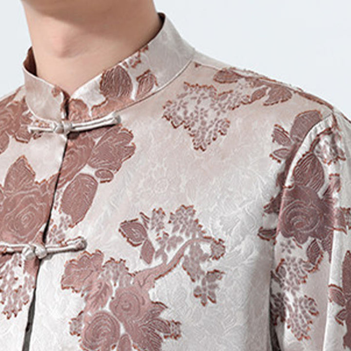 Buddha Stones Summer Tang Style Mandarin Collar Frog Button Floral Jacquard Men's Elbow-Length Sleeve Shirt - image 10