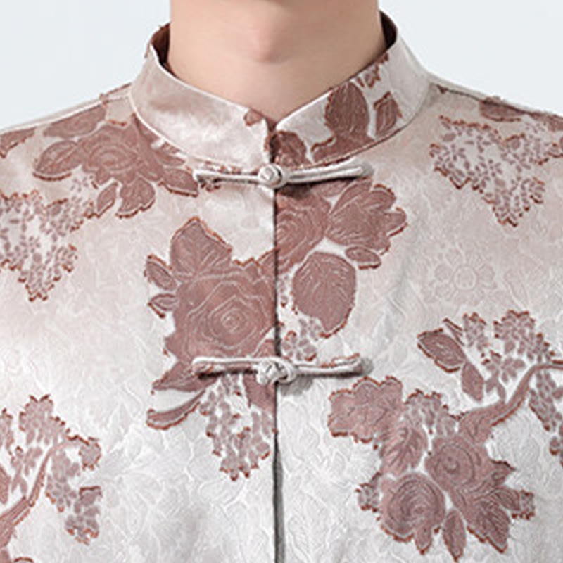 Buddha Stones Summer Tang Style Mandarin Collar Frog Button Floral Jacquard Men's Elbow-Length Sleeve Shirt - image 8