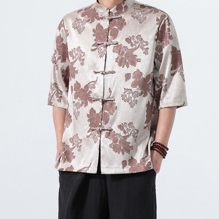 Buddha Stones Summer Tang Style Mandarin Collar Frog Button Floral Jacquard Men's Elbow-Length Sleeve Shirt - image 5