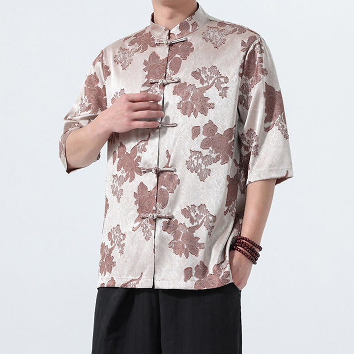 Buddha Stones Summer Tang Style Mandarin Collar Frog Button Floral Jacquard Men's Elbow-Length Sleeve Shirt - image 3