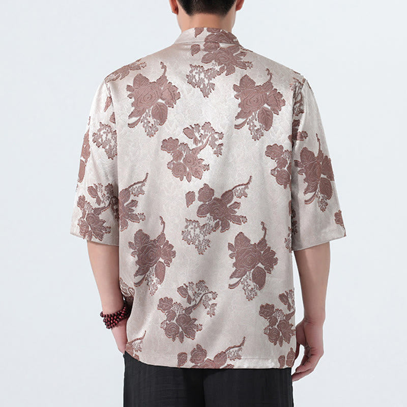Buddha Stones Summer Tang Style Mandarin Collar Frog Button Floral Jacquard Men's Elbow-Length Sleeve Shirt - image 4