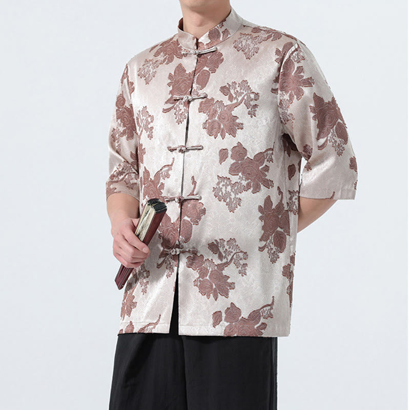 Buddha Stones Summer Tang Style Mandarin Collar Frog Button Floral Jacquard Men's Elbow-Length Sleeve Shirt - image 6