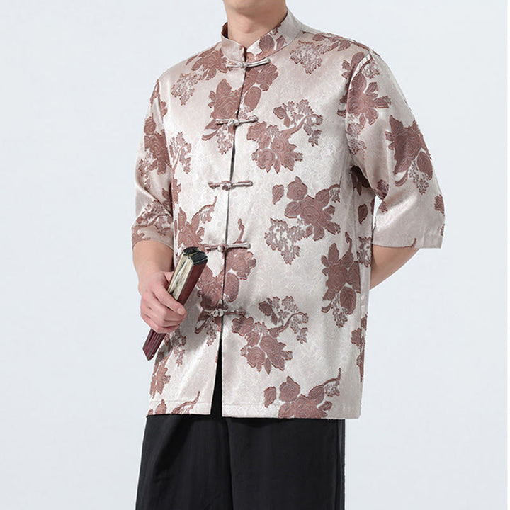 Buddha Stones Summer Tang Style Mandarin Collar Frog Button Floral Jacquard Men's Elbow-Length Sleeve Shirt - image 6