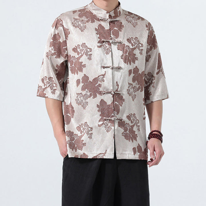 Buddha Stones Summer Tang Style Mandarin Collar Frog Button Floral Jacquard Men's Elbow-Length Sleeve Shirt - image 7