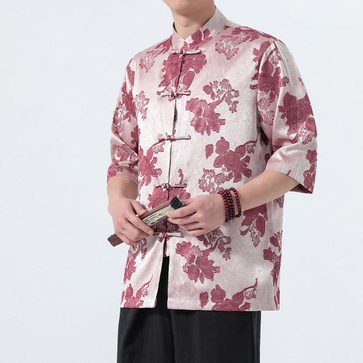 Buddha Stones Summer Tang Style Mandarin Collar Frog Button Floral Jacquard Men's Elbow-Length Sleeve Shirt - LightPink - US/UK/AU46，EU56 (5XL) - image 11