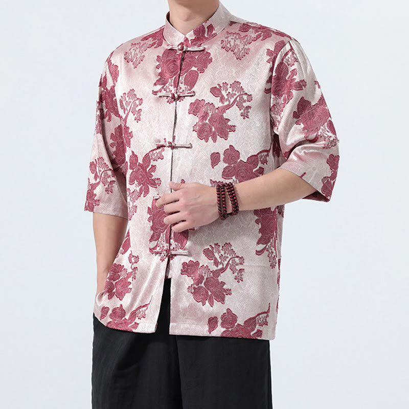 Buddha Stones Summer Tang Style Mandarin Collar Frog Button Floral Jacquard Men's Elbow-Length Sleeve Shirt - image 12