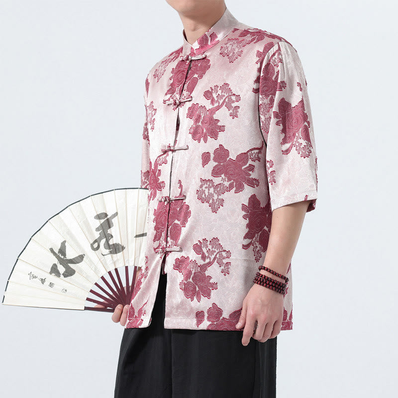 Buddha Stones Summer Tang Style Mandarin Collar Frog Button Floral Jacquard Men's Elbow-Length Sleeve Shirt - image 16