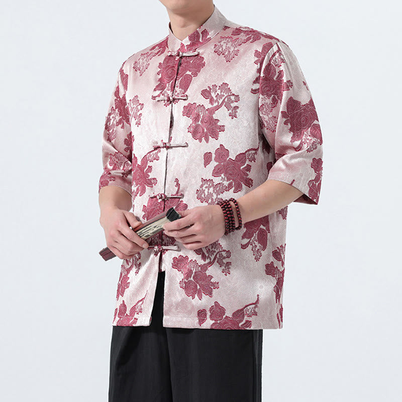 Buddha Stones Summer Tang Style Mandarin Collar Frog Button Floral Jacquard Men's Elbow-Length Sleeve Shirt - image 17