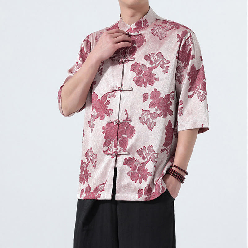 Buddha Stones Summer Tang Style Mandarin Collar Frog Button Floral Jacquard Men's Elbow-Length Sleeve Shirt - image 14