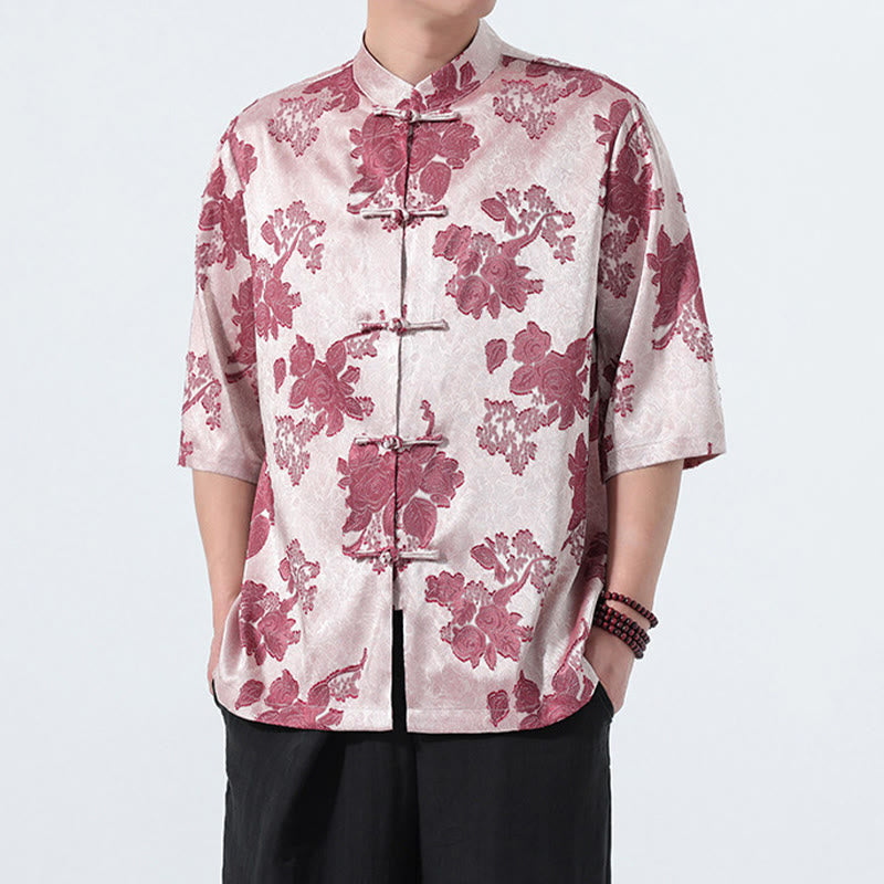 Buddha Stones Summer Tang Style Mandarin Collar Frog Button Floral Jacquard Men's Elbow-Length Sleeve Shirt - image 13