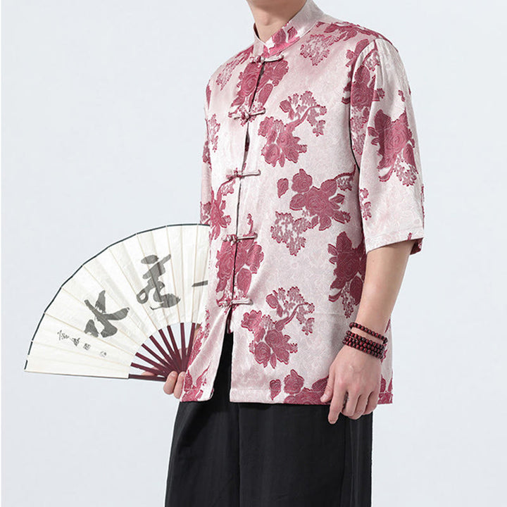 Buddha Stones Summer Tang Style Mandarin Collar Frog Button Floral Jacquard Men's Elbow-Length Sleeve Shirt - image 19