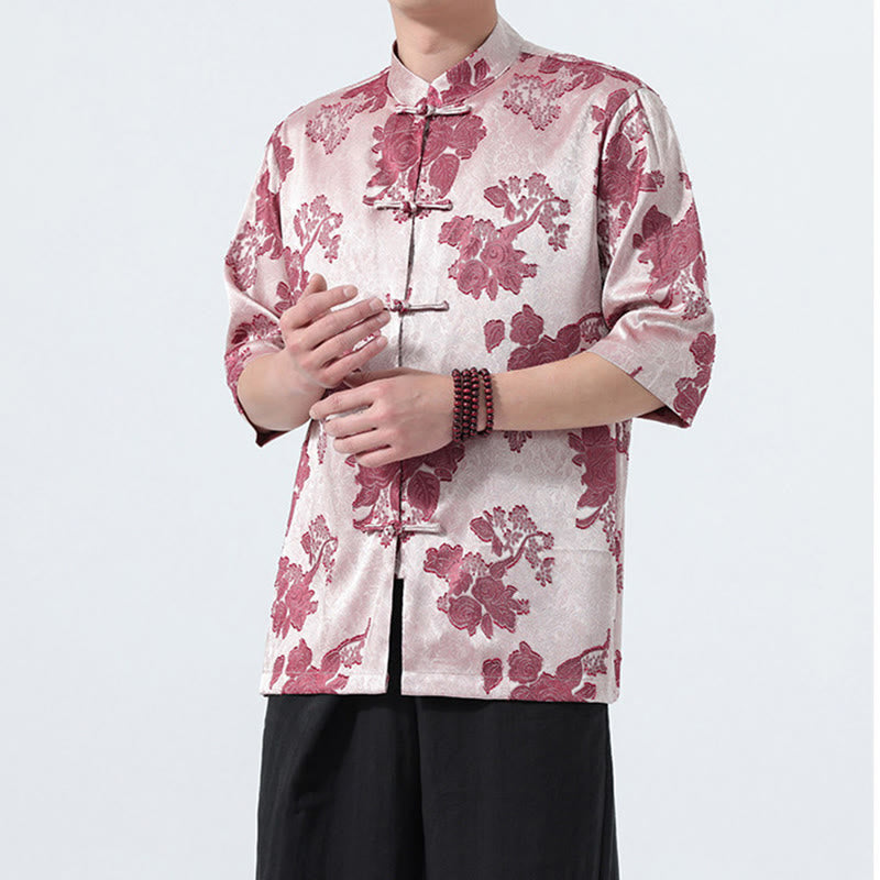 Buddha Stones Summer Tang Style Mandarin Collar Frog Button Floral Jacquard Men's Elbow-Length Sleeve Shirt - image 20