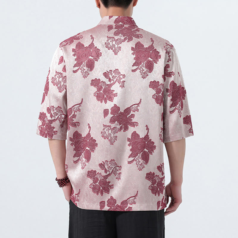 Buddha Stones Summer Tang Style Mandarin Collar Frog Button Floral Jacquard Men's Elbow-Length Sleeve Shirt - image 15