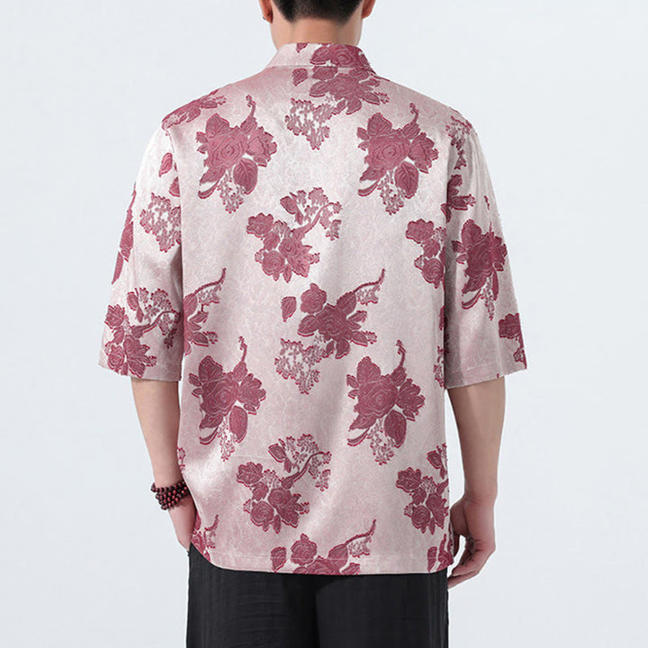 Buddha Stones Summer Tang Style Mandarin Collar Frog Button Floral Jacquard Men's Elbow-Length Sleeve Shirt - image 15