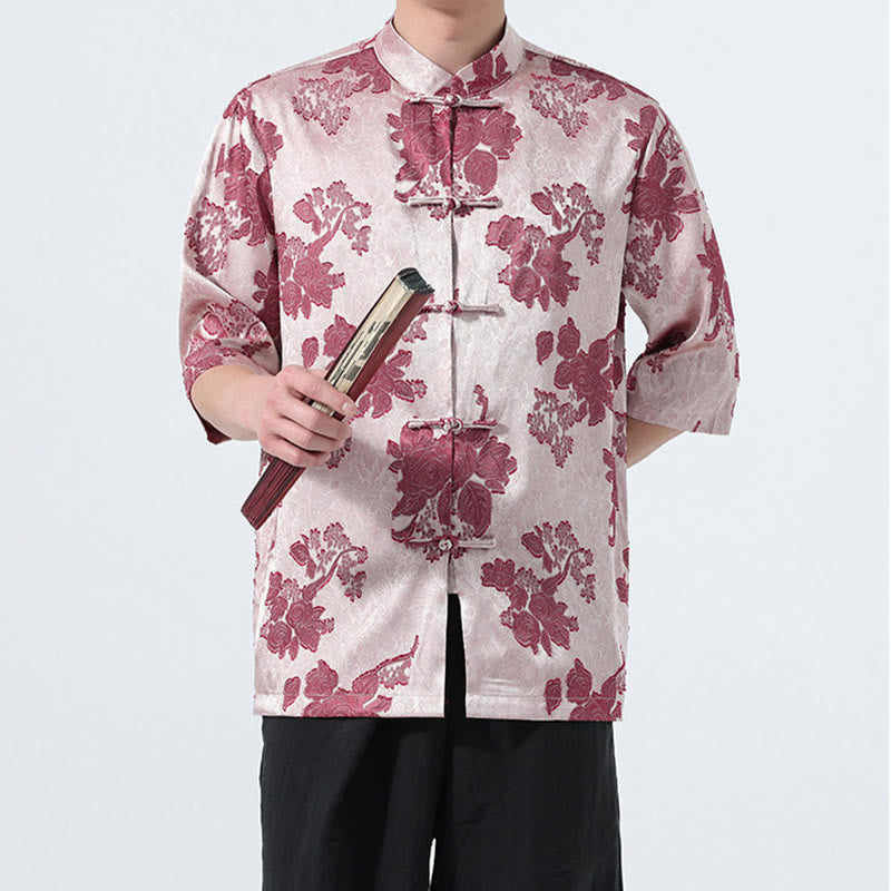 Buddha Stones Summer Tang Style Mandarin Collar Frog Button Floral Jacquard Men's Elbow-Length Sleeve Shirt - image 18