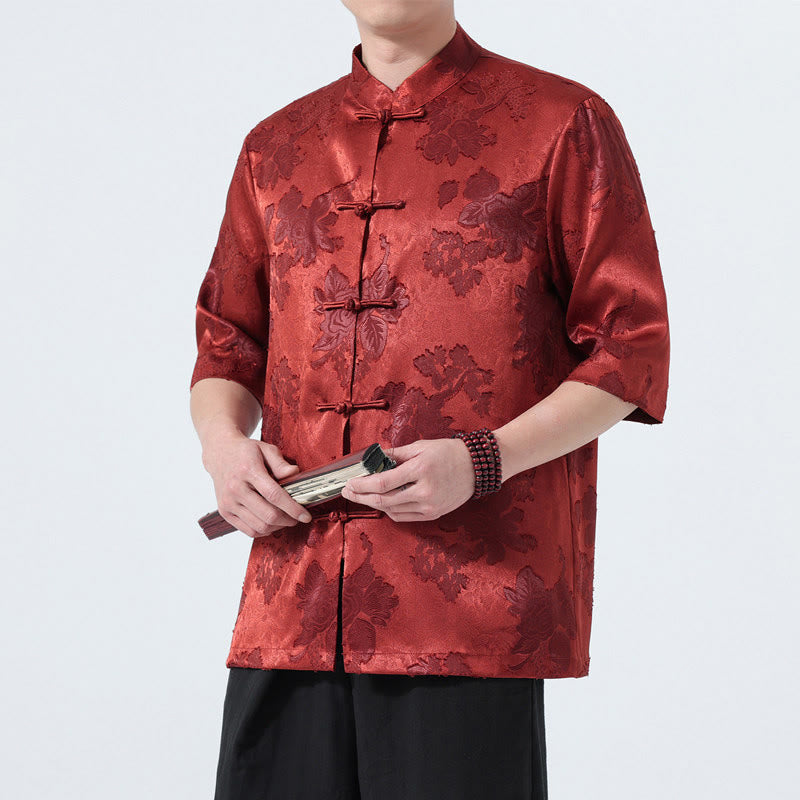 Buddha Stones Summer Tang Style Mandarin Collar Frog Button Floral Jacquard Men's Elbow-Length Sleeve Shirt - FireBrick - US/UK/AU46，EU56 (5XL) - image 21