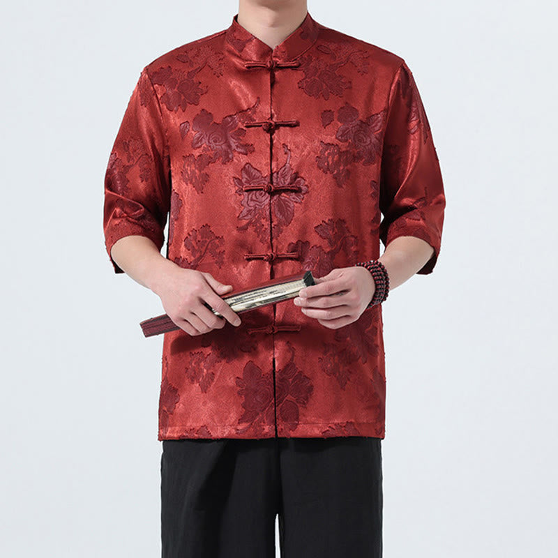 Buddha Stones Summer Tang Style Mandarin Collar Frog Button Floral Jacquard Men's Elbow-Length Sleeve Shirt - image 22