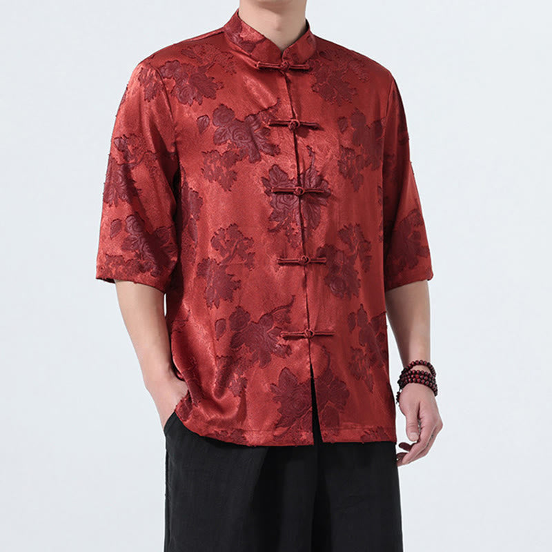 Buddha Stones Summer Tang Style Mandarin Collar Frog Button Floral Jacquard Men's Elbow-Length Sleeve Shirt - image 24