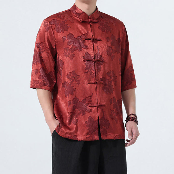 Buddha Stones Summer Tang Style Mandarin Collar Frog Button Floral Jacquard Men's Elbow-Length Sleeve Shirt - image 24