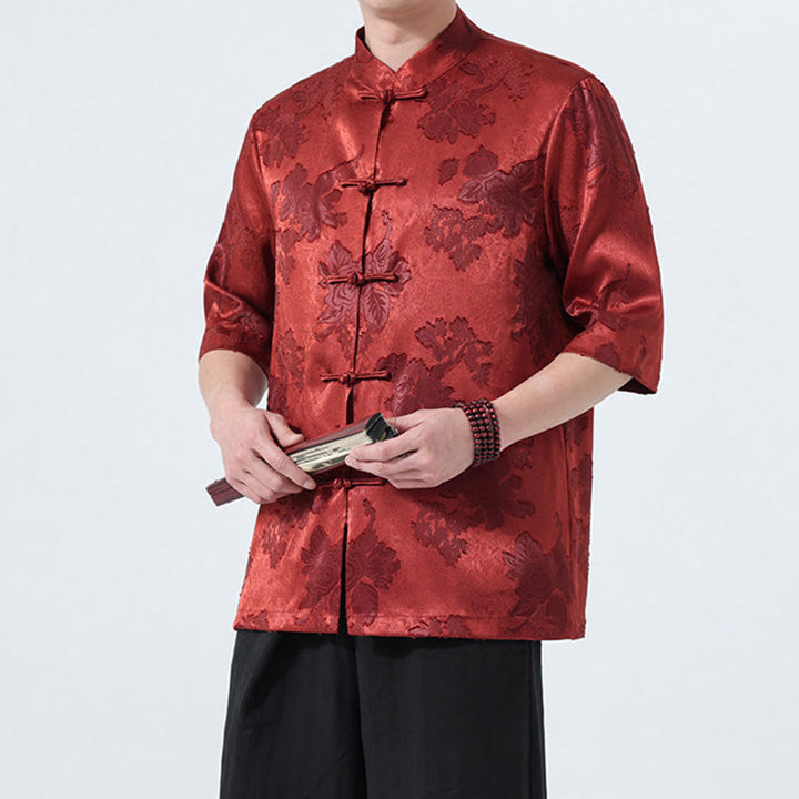 Buddha Stones Summer Tang Style Mandarin Collar Frog Button Floral Jacquard Men's Elbow-Length Sleeve Shirt - image 26