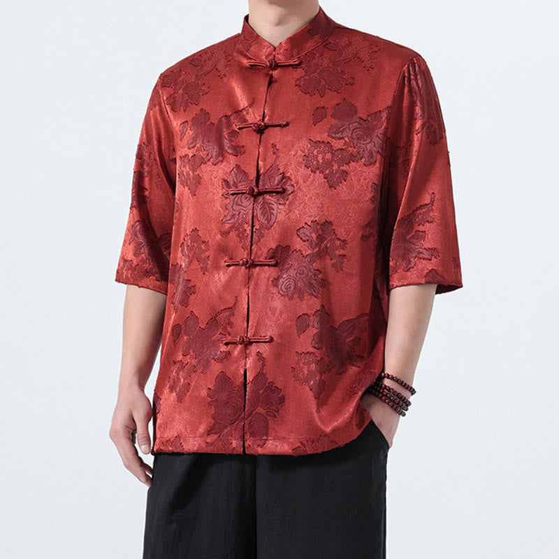 Buddha Stones Summer Tang Style Mandarin Collar Frog Button Floral Jacquard Men's Elbow-Length Sleeve Shirt - image 30