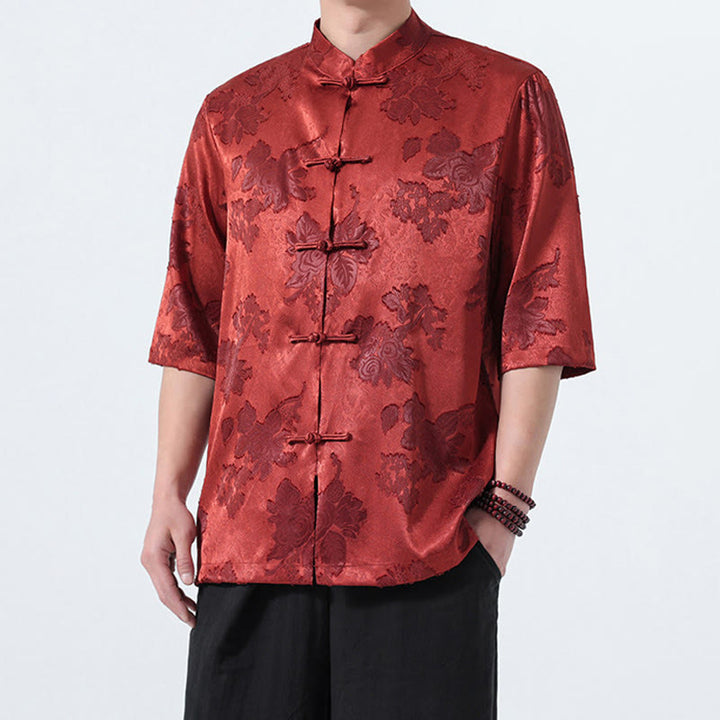 Buddha Stones Summer Tang Style Mandarin Collar Frog Button Floral Jacquard Men's Elbow-Length Sleeve Shirt - image 30