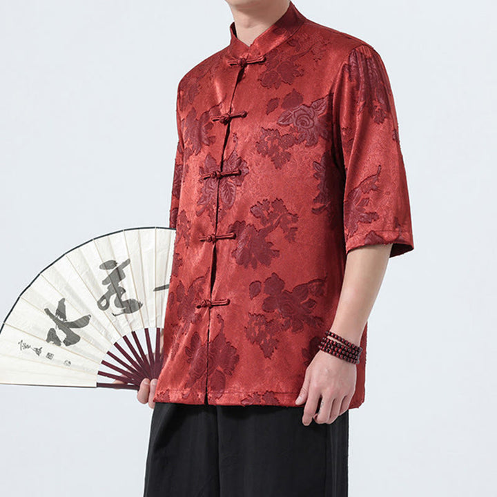Buddha Stones Summer Tang Style Mandarin Collar Frog Button Floral Jacquard Men's Elbow-Length Sleeve Shirt - image 28