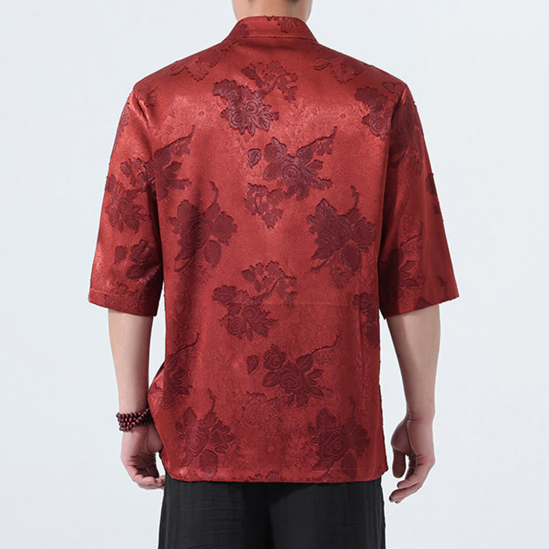 Buddha Stones Summer Tang Style Mandarin Collar Frog Button Floral Jacquard Men's Elbow-Length Sleeve Shirt - image 25