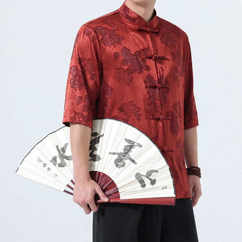 Buddha Stones Summer Tang Style Mandarin Collar Frog Button Floral Jacquard Men's Elbow-Length Sleeve Shirt - image 27
