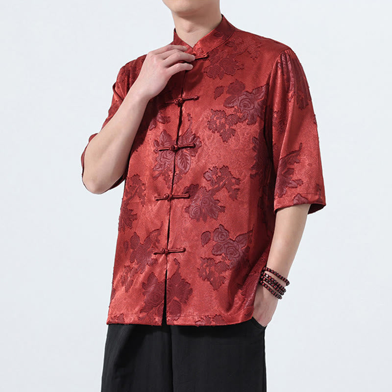 Buddha Stones Summer Tang Style Mandarin Collar Frog Button Floral Jacquard Men's Elbow-Length Sleeve Shirt - image 23