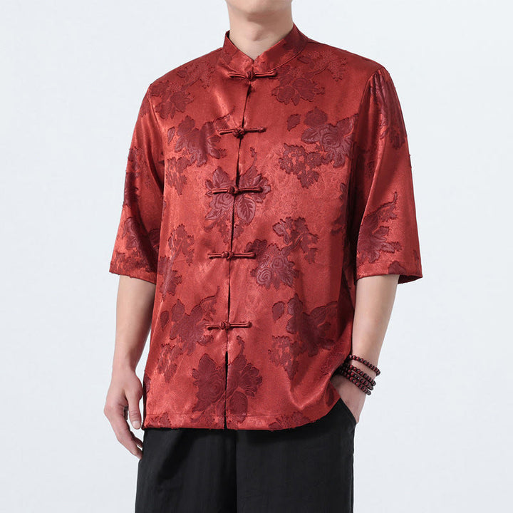 Buddha Stones Summer Tang Style Mandarin Collar Frog Button Floral Jacquard Men's Elbow-Length Sleeve Shirt - image 29