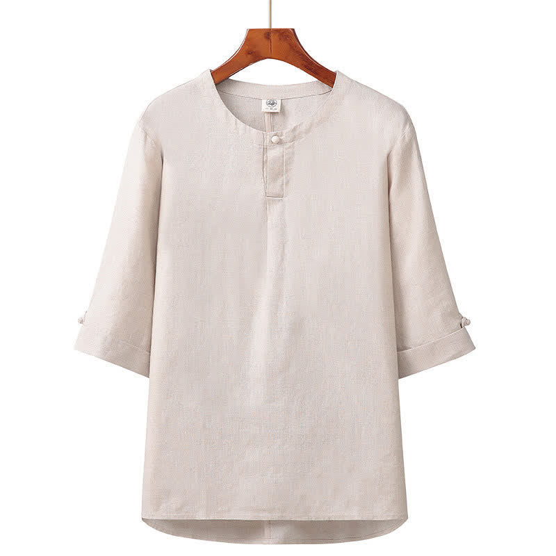 Buddha Stones Spring Summer Minimalist Button-Up Solid Linen Men's Elbow-Length Sleeve Shirt - Beige - US/UK/AU42，EU52 (3XL) - image 0