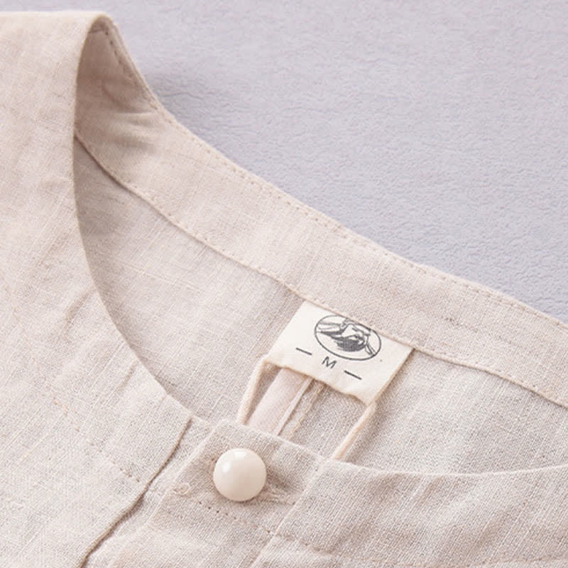 Buddha Stones Spring Summer Minimalist Button-Up Solid Linen Men's Elbow-Length Sleeve Shirt - image 2