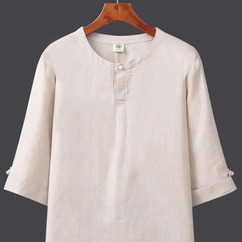 Buddha Stones Spring Summer Minimalist Button-Up Solid Linen Men's Elbow-Length Sleeve Shirt - image 1