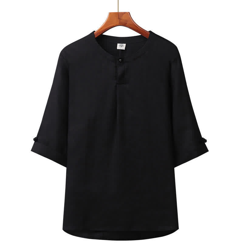 Buddha Stones Spring Summer Minimalist Button-Up Solid Linen Men's Elbow-Length Sleeve Shirt - Black - US/UK/AU42，EU52 (3XL) - image 6