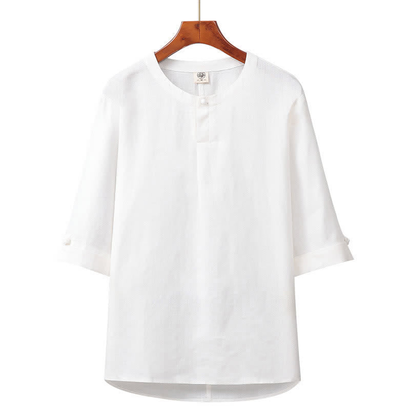 Buddha Stones Spring Summer Minimalist Button-Up Solid Linen Men's Elbow-Length Sleeve Shirt - White - US/UK/AU42，EU52 (3XL) - image 9