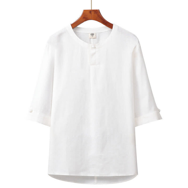 Buddha Stones Spring Summer Minimalist Button-Up Solid Linen Men's Elbow-Length Sleeve Shirt - White - US/UK/AU42，EU52 (3XL) - image 9