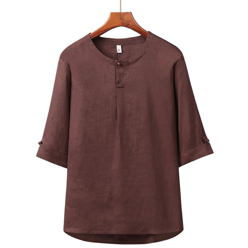 Buddha Stones Spring Summer Minimalist Button-Up Solid Linen Men's Elbow-Length Sleeve Shirt - SaddleBrown - US/UK/AU42，EU52 (3XL) - image 7