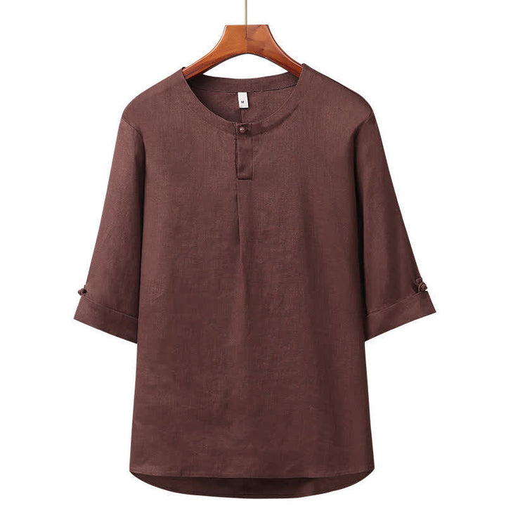 Buddha Stones Spring Summer Minimalist Button-Up Solid Linen Men's Elbow-Length Sleeve Shirt - SaddleBrown - US/UK/AU42，EU52 (3XL) - image 7